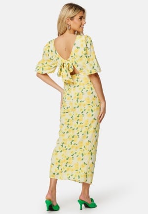 Bubbleroom Occasion Balloon Sleeve Bow Midi Dress Yellow/Floral 34
