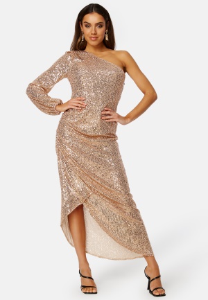 Elle Zeitoune Leon One Shoulder Sequin Dress Rose Gold XL (UK16)
