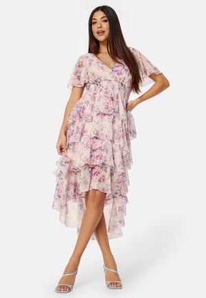 Goddiva Floral Flutter Tiered High Low Dress Pink XL (UK16)