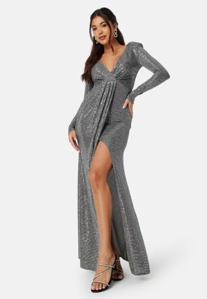 Goddiva Long Sleeve Sequin Maxi Dress With Split Silver S (UK10)