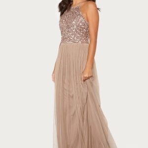 AngelEye High Neck Sequin Maxi Dress Taupe L (UK14)