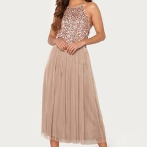 AngelEye High Neck Sequin Midi Dress Taupe L (UK14)