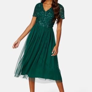 AngelEye Short Sleeve Sequin Embellished Midi Dress Dark green M (UK12)