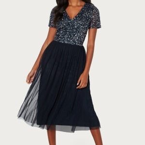 AngelEye Short Sleeve Sequin Embellished Midi Dress Navy S (UK10)