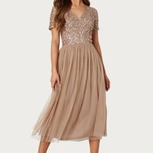 AngelEye Short Sleeve Sequin Embellished Midi Dress Taupe S (UK10)