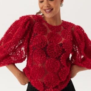 BUBBLEROOM 3D Flower Puff Sleeve Blouse Red XS