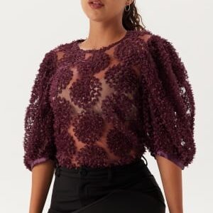 BUBBLEROOM 3D Flower Puff Sleeve Blouse Wine-red S