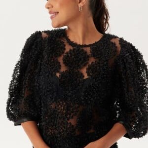 BUBBLEROOM 3D Flower Puff Sleeve Blouse Black XS