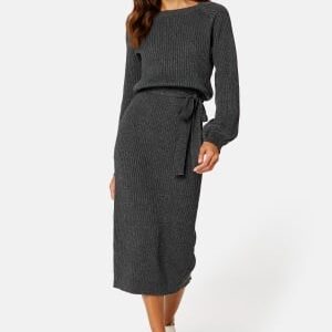 BUBBLEROOM Round Neck Rib Knitted Midi Dress Dark grey melange 2XL