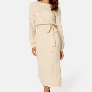 BUBBLEROOM Round Neck Rib Knitted Midi Dress  Light beige L