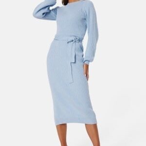 BUBBLEROOM Round Neck Rib Knitted Midi Dress  Light blue 3XL