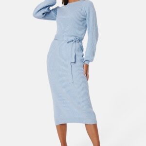 BUBBLEROOM Round Neck Rib Knitted Midi Dress  Light blue 4XL