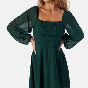 BUBBLEROOM Square Neck L/S Georgette Dress Dark green 46