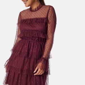 BUBBLEROOM Dotted Mesh L/S Dress Wine-red 34