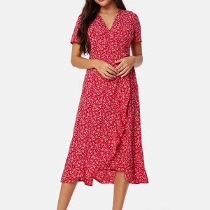 BUBBLEROOM Flounce Midi Wrap Dress Red/Patterned XS