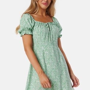 BUBBLEROOM Front Tie Short Dress Green/Patterned XS