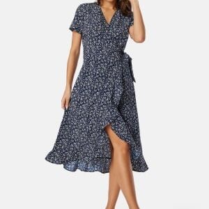 BUBBLEROOM Flounce Midi Wrap Dress Dark blue/Patterned S