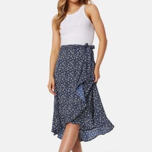 BUBBLEROOM Flounce Midi Wrap Skirt Dark blue/Patterned XS