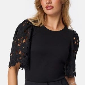 BUBBLEROOM Contrast Lace Sleeve Top Black XS