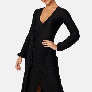 BUBBLEROOM Pleated Wrap Midi Dress Black XS