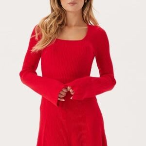 BUBBLEROOM Knitted Square Neck Skater Dress Red S