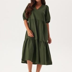 BUBBLEROOM Midi Puff Sleeve Dress Khaki green S