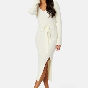 BUBBLEROOM Slit Knitted Midi Dress Cream XL