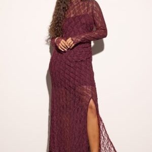 Bubbleroom Occasion Asymmetric Lace Maxi Dress Burgundy S