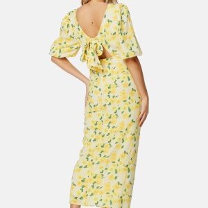 Bubbleroom Occasion Puff Sleeve Bow Midi Dress Yellow/Floral 36