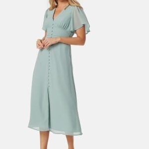 Bubbleroom Occasion Butterfly Sleeve Button Midi Dress Dusty green 34