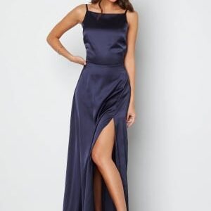 Bubbleroom Occasion Drapy-Back Slit Satin Gown Navy 36