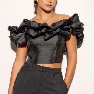 Bubbleroom Occasion Frill Satin Off Shoulder Top Black S