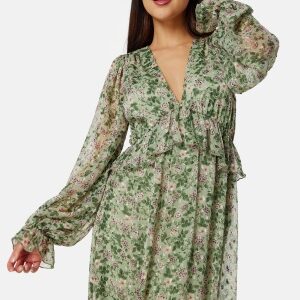 Bubbleroom Occasion Frill L/S Chiffon Midi Dress Green/Floral XS