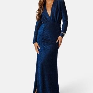 Bubbleroom Occasion Sparkling Ruched Slit Gown Dark blue 2XL