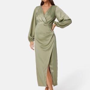 Bubbleroom Occasion L/S wrap satin midi dress Green S