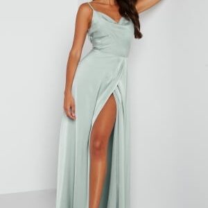 Bubbleroom Occasion Waterfall High Slit Satin Gown Dusty green 38