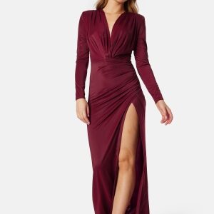 Bubbleroom Occasion Slit V-neck stretchy gown Bordeaux XS