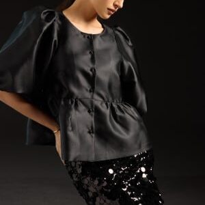 Bubbleroom Occasion Puff Sleeve Peplum Satin Blouse Black S