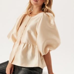 Bubbleroom Occasion Puff Sleeve Peplum Satin Blouse Champagne S