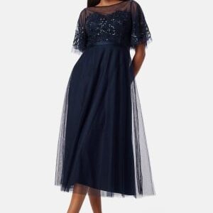 Bubbleroom Occasion Embroidered Mesh Midi Dress Dark blue 42