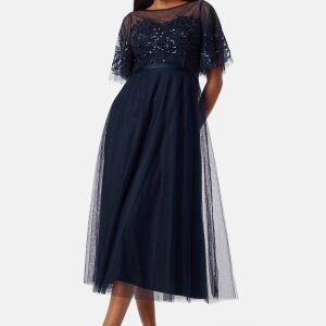 Bubbleroom Occasion Embroidered Mesh Midi Dress Dark blue 40