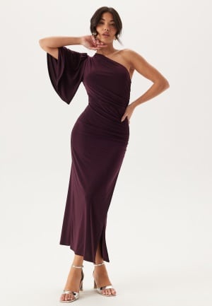 Bubbleroom Occasion Soft Ruched One Shoulder Midi Dress Dark Plum M