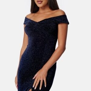 Bubbleroom Occasion Sparkling Twist Off Shoulder Gown Dark blue XS