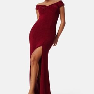 Bubbleroom Occasion Sparkling Twist Off Shoulder Gown Dark red S