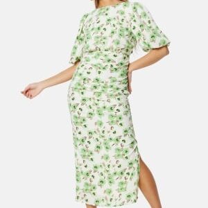 Bubbleroom Occasion Puff Sleeve Bow Midi Dress Green/Floral 36