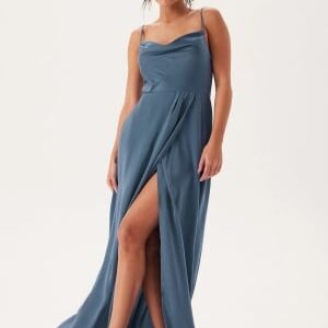 Bubbleroom Occasion Waterfall Slit Satin Gown Dark Dusty Blue 36