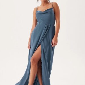 Bubbleroom Occasion Waterfall Slit Satin Gown Dark Dusty Blue 34