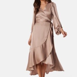 Bubbleroom Occasion Wrap Frill L/S Satin Dress Mole XS