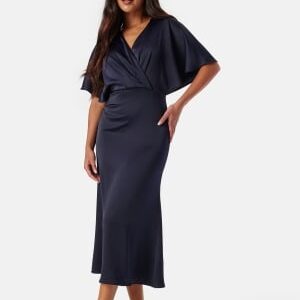 Bubbleroom Occasion Wrap Satin Midi Dress Dark blue 38