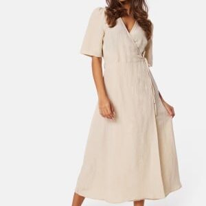 BUBBLEROOM Linen Blend Wrap Dress Light beige S